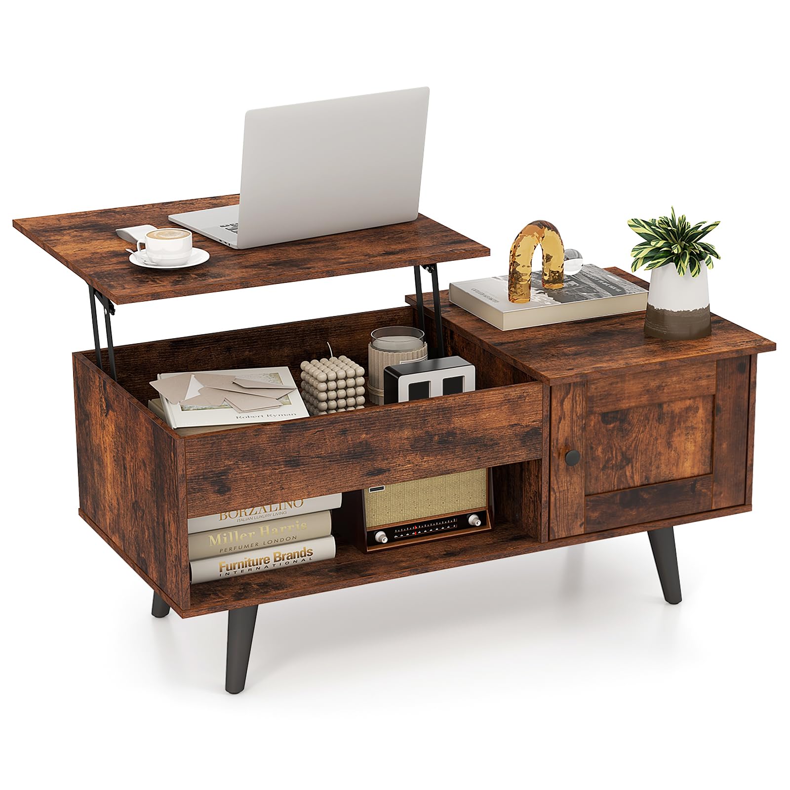 Tangkula Table Basse Relevable avec Rangement, Table de Salon avec Compartiment Caché, Meuble et Étagère Ouverte